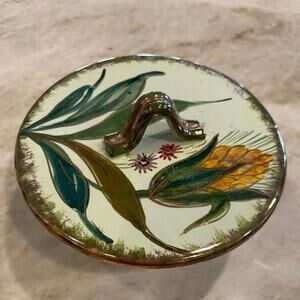 Vintage handpainted green covered candy dish Italy floral with gold gilt